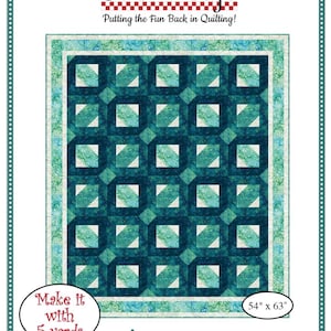 May include: Quilt pattern titled "Passage" by Fabric Cafe. The pattern features a geometric design with teal and aqua squares and rectangles. The pattern is 54 inches by 63 inches and requires 5 yards of fabric.