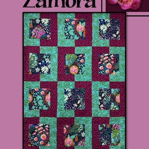 May include: A quilt pattern called "Zamora" by Villa Rosa Designs. The quilt features a grid of 12 squares with a floral pattern in shades of pink, green, blue, and black. The squares are framed by a burgundy border.