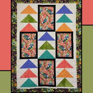 May include: Quilt pattern for a "Peking Duck" quilt featuring a black and white owl print fabric, orange, green, blue, and pink triangles, and a black border with a floral print. The quilt pattern is by Heidi Cook for Villa Rosa Designs.