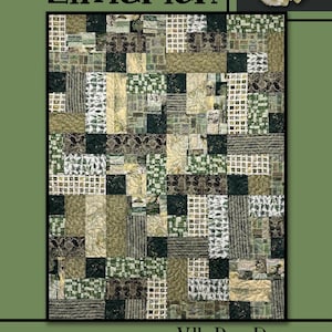 May include: A patchwork quilt titled "Limerick" with a variety of green, beige, and black patterned fabrics. The quilt is framed in black and set against a green background. The text "Villa Rosa Designs" is at the bottom.