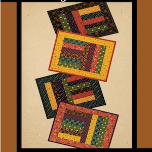 May include: A quilt pattern cover titled Table for Four by Tricia Lynn Maloney for Orphan Quilt Designs for Villa Rosa Designs. The image displays four rectangular placemats featuring patchwork designs in various floral and geometric patterns.