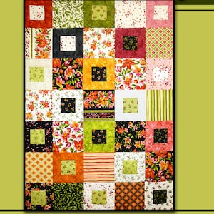 May include: A quilt pattern called "Pandemonium" by Villa Rosa Designs. The quilt is made up of a variety of colorful squares with floral and geometric patterns. The quilt is surrounded by a green border with a floral design.