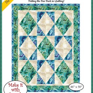 May include: A quilt pattern titled "Diamond Dust" with a geometric design. The quilt features diamond shapes in shades of teal, cream, and blue. The pattern is 46 inches by 58 inches and requires 3 yards of fabric. The Fabric Cafe logo is at the top.