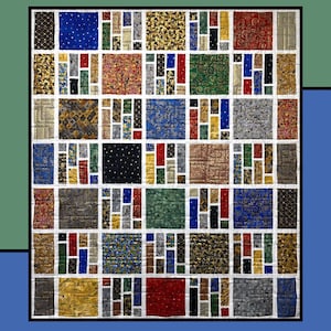 May include: A colorful quilt titled "Grated" with a patchwork design. The quilt features squares and rectangles of various patterned fabrics in shades of blue, red, gold, green, and black. The quilt is designed by Heidi Cook for Villa Rosa Designs.