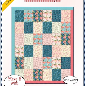 May include: A quilting pattern for a patchwork quilt with a floral design. The pattern is called "Patch Happy" and is made with 12 fabric squares. The finished quilt measures 49 1/2 inches by 61 1/2 inches.