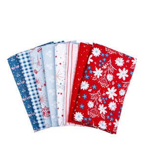 May include: A collection of assorted fabric pieces in shades of red, white, and blue. Patterns include gingham, fireworks, stars, and floral designs. Ideal for quilting or crafting projects.