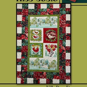 May include: A quilt pattern called "Miss Josie" by Villa Rosa Designs. The quilt features a winter scene with birds, wreaths, and a red cardinal. The quilt is made up of red, green, and white fabric.