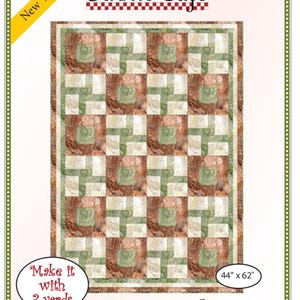 May include: A quilting pattern for a quilt called "Courtyard" by Fabric Cafe. The pattern features a checkered design with brown, green, and white squares. The quilt is 44 inches by 62 inches and requires 3 yards of fabric.
