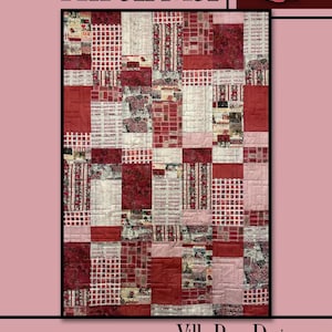 May include: A quilt pattern called "Miranda" by Villa Rosa Designs. The quilt is made up of red, white, and black squares and rectangles with a variety of patterns. The quilt is surrounded by a pink border.