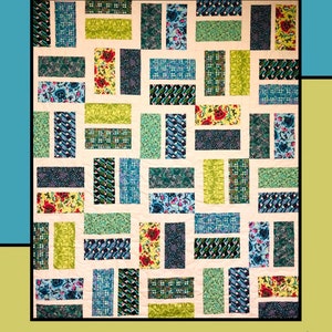 May include: A quilt pattern called "Lickety Split" by Molly Cook for Villa Rosa Designs. The quilt features a patchwork design with various shades of blue, green, and yellow fabrics.