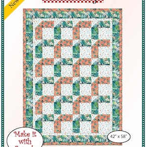 May include: A quilting pattern for a boomerang quilt. The pattern is for a 42 inch by 58 inch quilt and requires 3 yards of fabric. The pattern features a geometric design with a mix of peach, teal, and white fabrics.