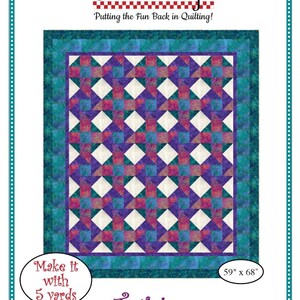 May include: A quilting pattern called "Twister" by Fabric Cafe. The pattern features a colorful quilt design with a teal, purple, pink, and white color scheme. The quilt is 59 inches by 68 inches and requires 5 yards of fabric.