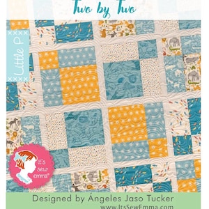 May include: A quilt pattern called "Two by Two" designed by Ángeles Jaso Tucker. The quilt features a patchwork design with blue, yellow, and white squares. The quilt is made with a variety of fabrics, including a fabric with a fish print, a fabric with a polka dot print, and a fabric with a floral print.