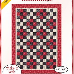 May include: A quilting pattern for a nine-patch quilt. The pattern features a checkerboard design with red, black, and white squares. The quilt is 45 inches by 63 inches and can be made with 3 yards of fabric. The pattern is titled "Nine Patch" and is from Fabric Cafe.
