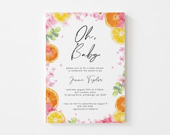 Citrus Floral Baby Shower Theme Invitation - 5X7 Printable - Editable Canva Template, Instant Download, Lemons, Oranges, Grapefruit
