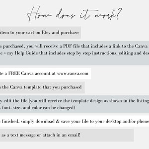 May include: A white background with a gray box containing a list of seven steps on how to use a Canva template. The steps are numbered 1 through 7. The text "How does it work?" is written in black cursive at the top of the image. The Canva logo is in the top right corner of the image.