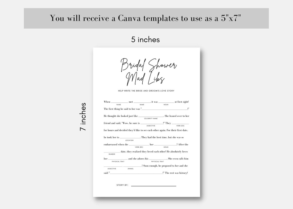 Bridal Shower Mad Libs Love Story 5x7 Printable Canva Etsy