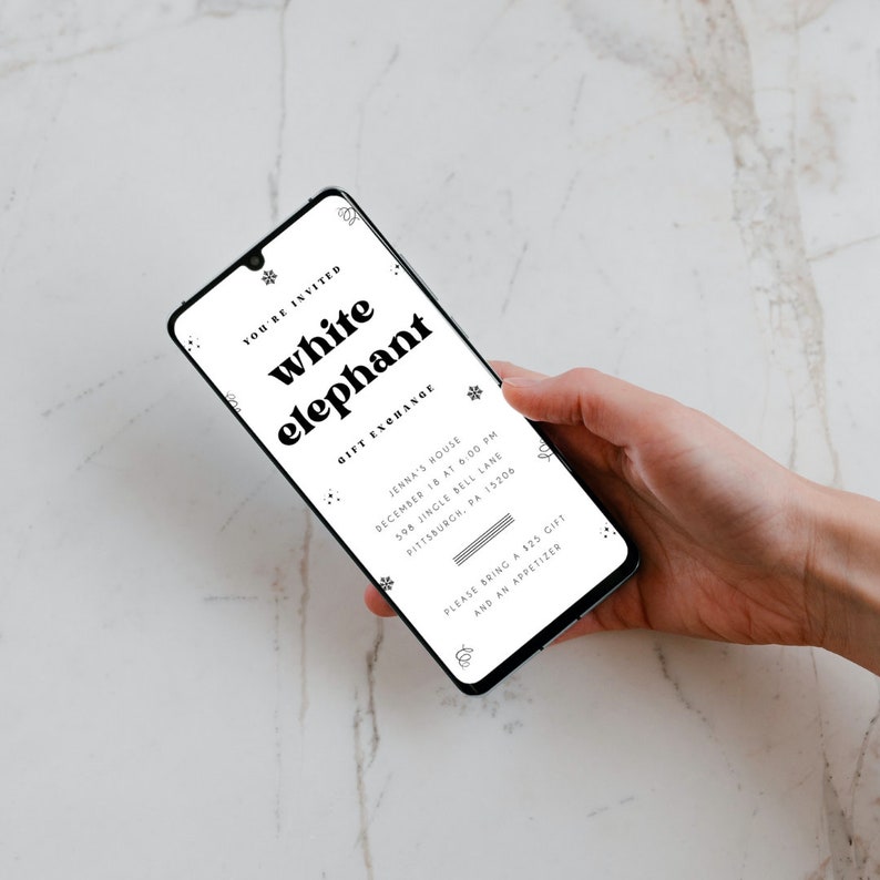 May include: A smartphone displaying a white elephant gift exchange invitation. The invitation is for December 18th at 6:00 PM at Jenna's house, 598 Jingle Bell Lane, Pittsburgh, PA 15206. Guests are asked to bring a $25 gift and an appetizer.