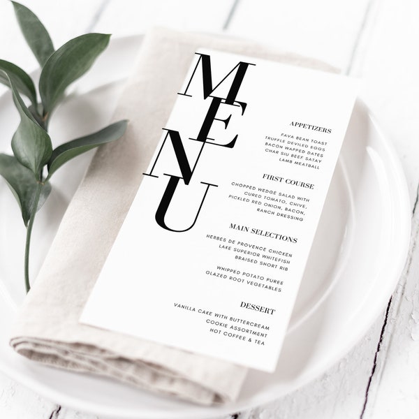 Modern Menu For Wedding Place Setting at Reception - Printable 4x8 Canva Template - (Editable) Minimalistic, Instant Digital Download