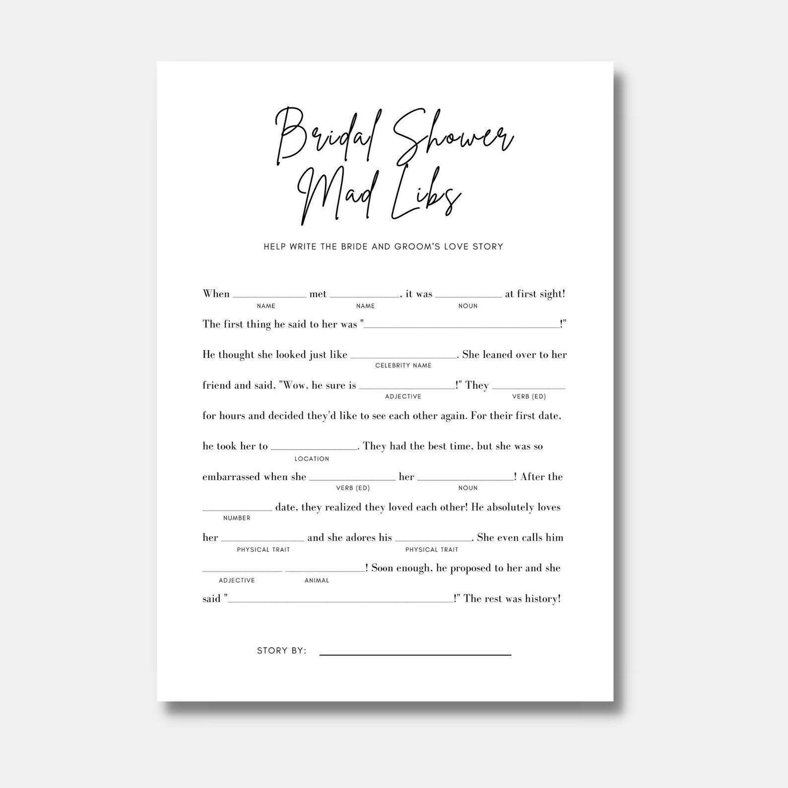 Bridal Shower Mad Libs Love Story 5x7 Printable Canva - Etsy