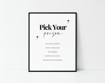 Pick Your Poison Halloween Party Bar Menu - 8x10 - Editable Canva Template (Printable) Spooky Decorations