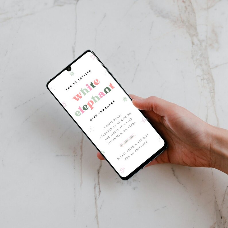 May include: A smartphone displaying a white elephant gift exchange invitation with a pink and green color scheme. The invitation includes the date, time, and address of the event. It also requests guests to bring a $15 gift and an appetizer.