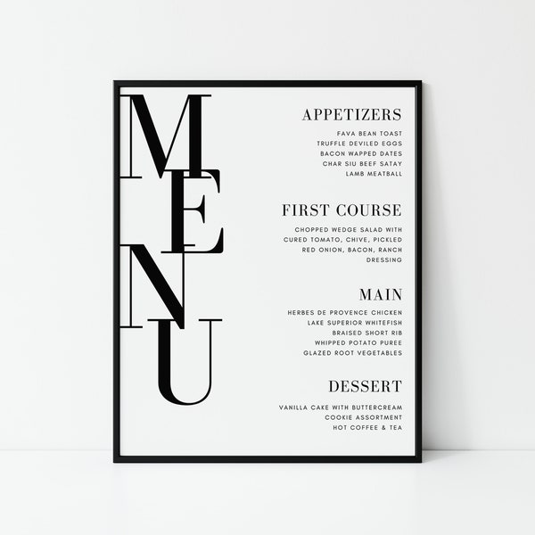 Modern Buffet Menu Printable For Wedding, Corporate Event, Baby Shower - 8x10 - Canva Template - (Editable) Minimalistic Digital Download