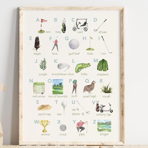 Impresión digital con el alfabeto de golf para guardería, descarga digital, arte mural de golf, regalo de golf, guardería de golf, impresión digital, habitación de niño, habitación infantil, arte infantil