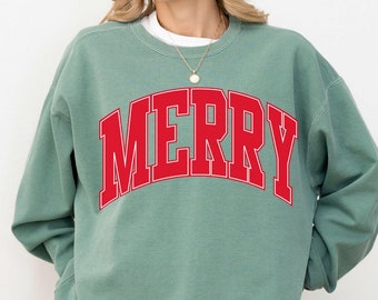 Merry Comfort Colors-sweater, Christmas Comfort Colors-sweater, oversized, vakantiesweater, vakantiesweater met ronde hals, vrolijk sweatshirt