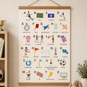 May include: A rectangular wall hanging poster featuring a soccer-themed alphabet with illustrations and labels from A to Z. Each letter corresponds to a football term like assist, box, captain, defender, extra time, foul, goalkeeper, and more.