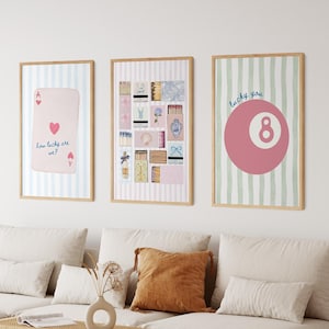 Set of 3 Pink Matchbox Prints, Vintage Matchbox Print, Trendy Ace of Hearts, Lucky You Print, How Lucky Are We Print, 8 Ball Print, Preppy