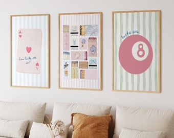 Juego de 3 impresiones de cajas de cerillas rosas, impresión vintage de cajas de cerillas, as de corazones moderno, impresión "Lucky You", impresión "How Lucky Are We", impresión "8 Ball", estilo preppy