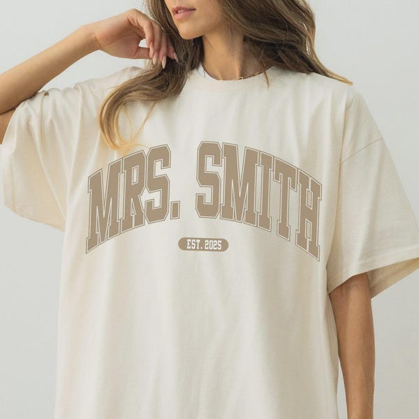 Custom Mrs Shirt, Personalized Bride Tee, Mrs Last Name Shirt, Wedding Day Outfit, Newlywed Gift, Honeymoon Shirt, Est Wedding Year Tee
