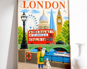 London Wall Art Print, Colorful London Travel Poster, London Nursery Decor, British City Illustration, Physical Print