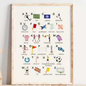 Impresión de guardería del alfabeto de fútbol, descarga digital, arte de la pared de fútbol, regalo de fútbol, guardería deportiva, sala de niños, sala de niños, arte de la guardería, ABC