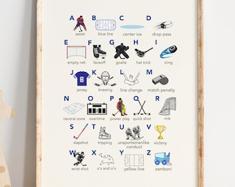 Hockey Alphabet Nursery Print, Digital Download, Hockey Wall Art, Hockey Nursery, Digital Print, Boys Room, Kids Room, Nursery Art, ABCs