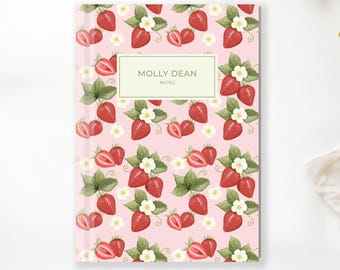 Custom Strawberry Notebook Personalized Journal, Custom Name Notebook, Pink Strawberry Floral Journal, Cute Notebook, Cottagecore Journal
