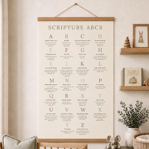 May include: A vertical wall hanging featuring the text SCRIPTURE ABCS with letters A through Z, each paired with a short religious phrase and citation. The print is mounted on a light wood frame with a string hanger against a neutral wall.