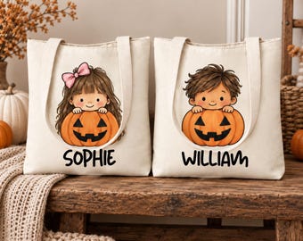 Personalized Trick or Treat Bag, Pumpkin Halloween Tote with Custom Name, Kids Candy Bag, Boy or Girl Halloween Basket, Sibling Tote