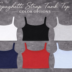 Puede incluir: Se muestran camisetas sin mangas con tirantes finos en blanco, negro, gris, azul marino, rojo y azul claro. El texto "Spaghetti Strap Tank Top COLOR OPTIONS" est&aacute; en la parte superior de la imagen. Estas camisetas son un b&aacute;sico de armario.