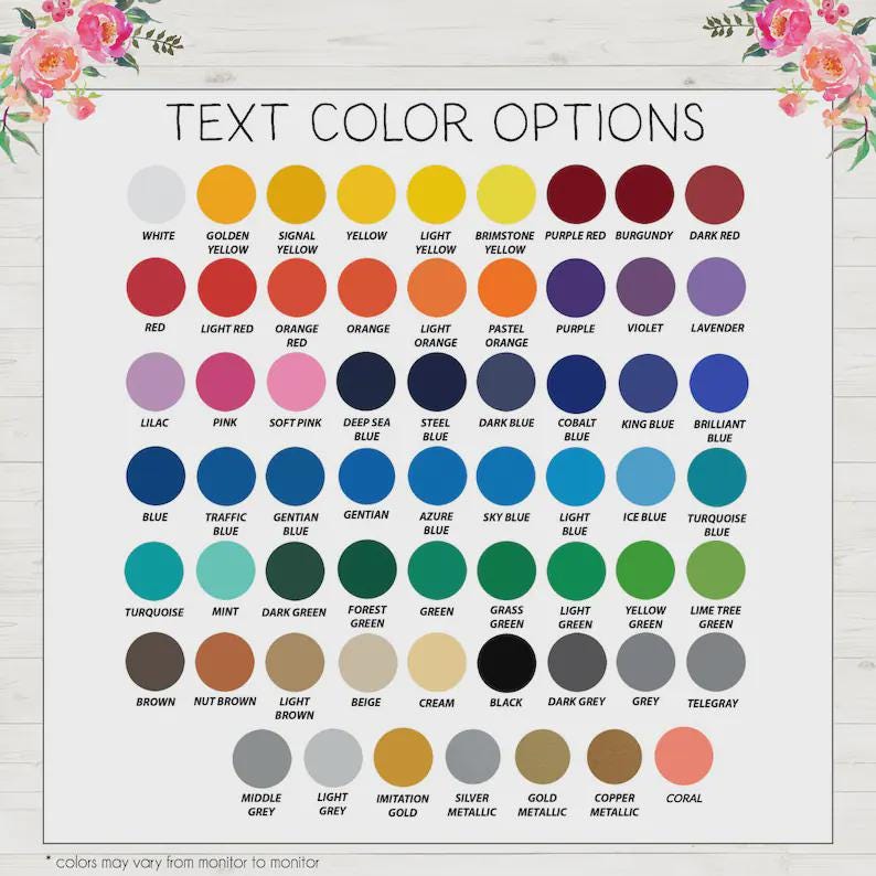 Puede incluir: Un gr&aacute;fico que muestra opciones de color de texto, incluyendo tonos de amarillo, rojo, azul, verde y colores met&aacute;licos. El texto "TEXT COLOR OPTIONS" est&aacute; en la parte superior. La parte inferior del gr&aacute;fico dice "los colores pueden variar seg&uacute;n el monitor."