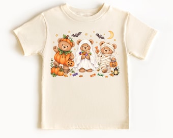 Kids Halloween Shirt, Teddy Bear Halloween Tee, Toddler Pumpkin Ghost Mummy Shirt, Vintage Watercolor Fall Graphic Tee, Spooky Season Top