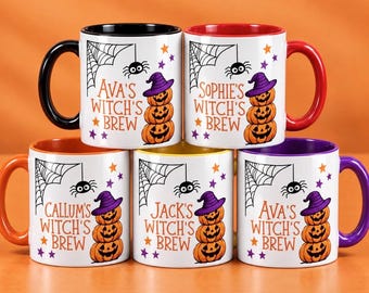Personalized Halloween Mug, Kids Witch's Brew Coffee Cup, Custom Name Mug, Pumpkin Spider Halloween Gift, Spooky Season Cup for Kids