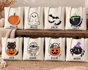 Personalized Trick or Treat Bag, Kids Halloween Tote with Custom Name, Canvas Candy Bag, Halloween Character Tote, Reusable Kids Bag