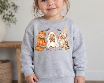 Toddler Halloween Sweatshirt, Teddy Bear Graphic Crewneck, Pumpkin Ghost Mummy Pullover, Vintage Spooky Season Fall Sweater for Kids