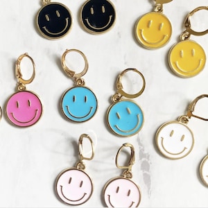 Smiley Face Earrings, Smiley Face Huggie Earrings, Happy Face Huggies, Statement Jewelry, Dainty Earrings, Gold-Plated, Colorful, Enamel