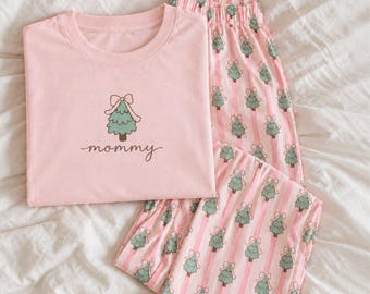 Pink Christmas Pajama Set, Christmas Tree Bow Shirt and Pants, Pink Striped Holiday Sleepwear, Matching Christmas Morning Outfit for Women