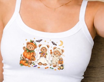 Teddy Bear Halloween Tank Top, Womens Spaghetti Strap Graphic Cami, Pumpkin Ghost Mummy Shirt, Cute Spooky Season Halloween Top