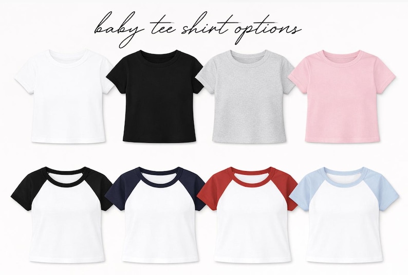 Puede incluir: Una selecci&oacute;n de opciones de camisetas para beb&eacute;s en varios colores. La imagen muestra ocho camisetas de manga corta. Los colores lisos incluyen blanco, negro, gris y rosa. Otras camisetas tienen mangas en contraste en negro, azul marino, rojo y azul claro.