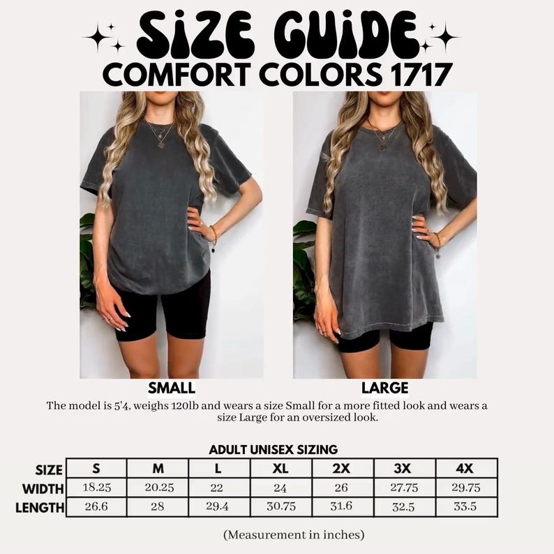 Puede incluir: Gu&iacute;a de tallas para camisetas Comfort Colors 1717. La gu&iacute;a incluye medidas en pulgadas para tallas unisex de adulto de la S a la 4XL. Se muestran dos modelos con las camisetas, uno con la talla S y otro con la L. El texto "SIZE GUIDE" est&aacute; en la parte superior.